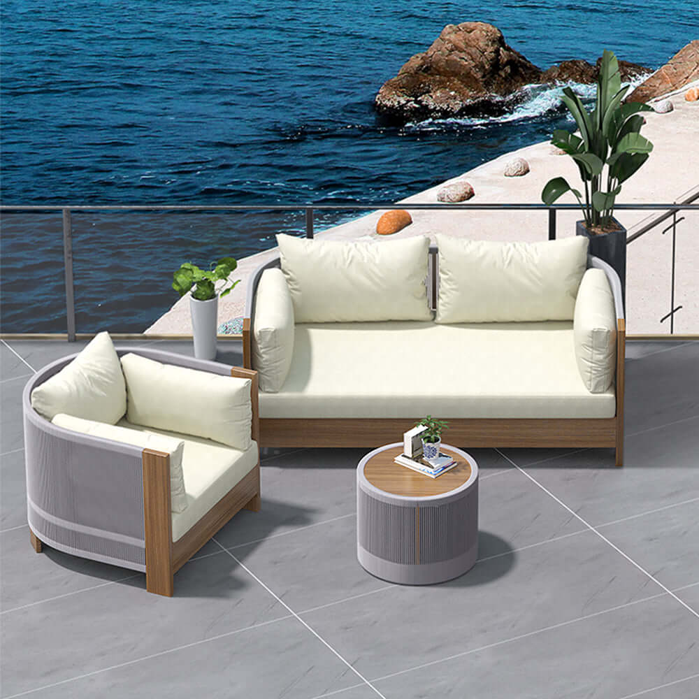 Utomhus Loungegrupp Med Runt Soffbord I Teak Och Repstol