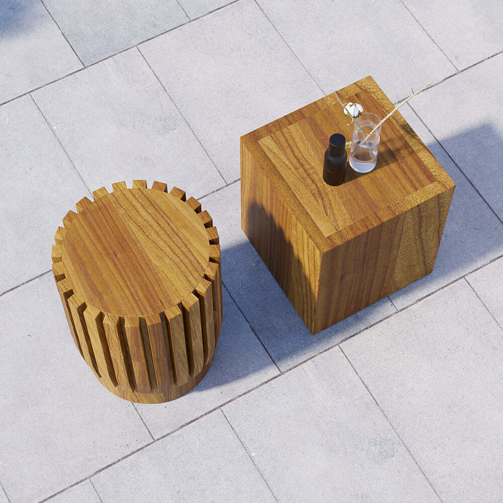 2 Delar Modern Rund & Rektangulär Teakträ Utomhus Kaffebord Set i Naturlig