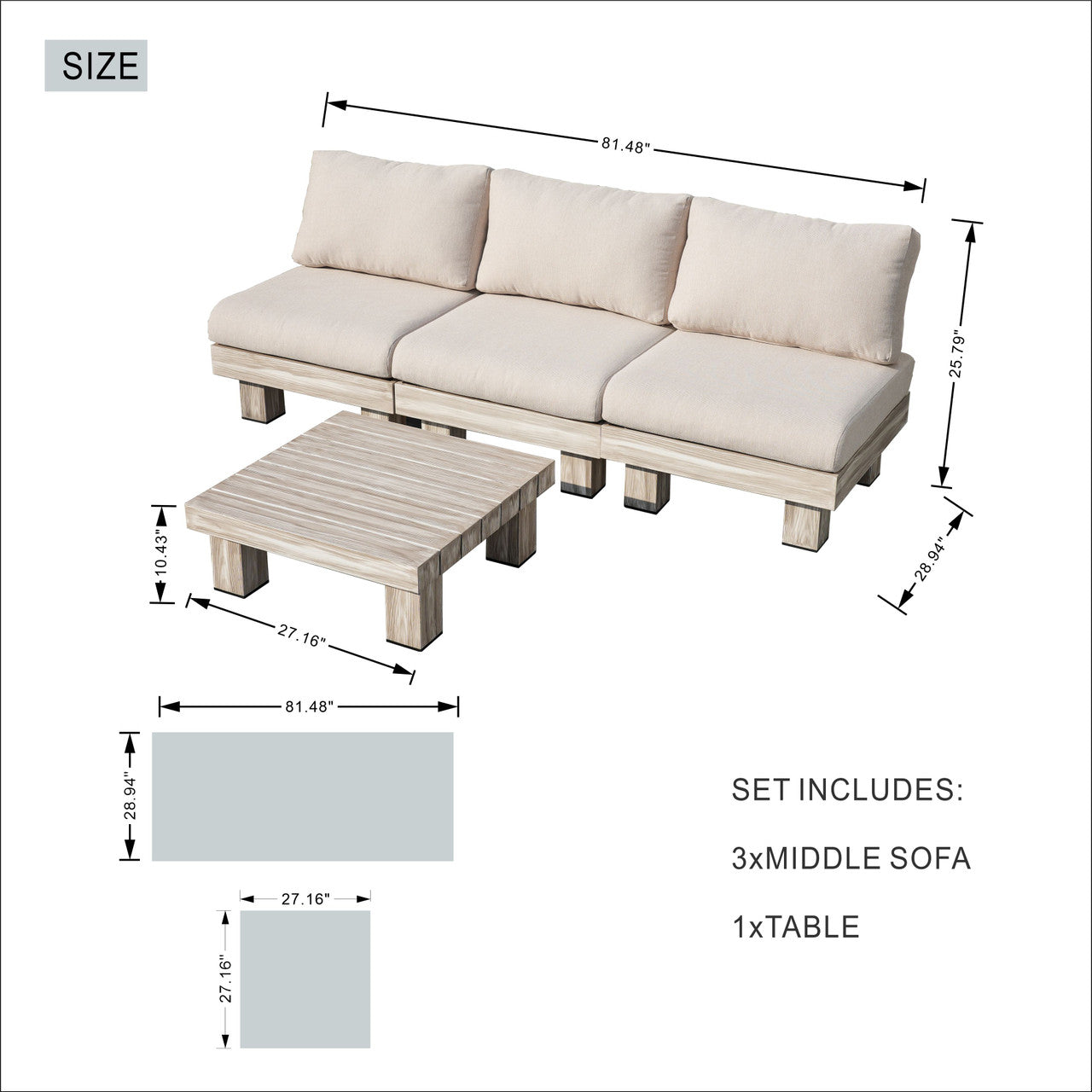 Direkt Wicker Minimalist Armlös Modulsoffa och Kafébord Set