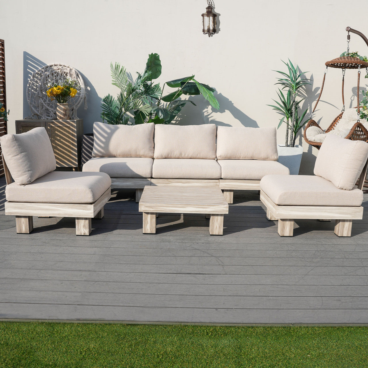 Direkt Wicker Minimalist Armlös Modulsoffa och Kafébord Set
