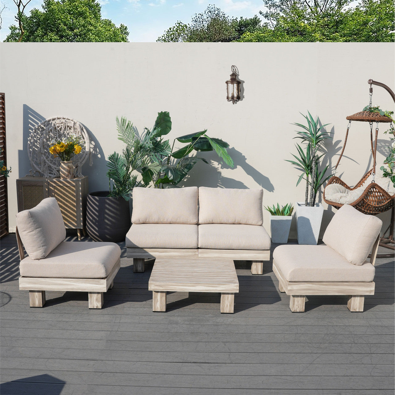 Direkt Wicker Minimalist Armlös Modulsoffa och Kafébord Set