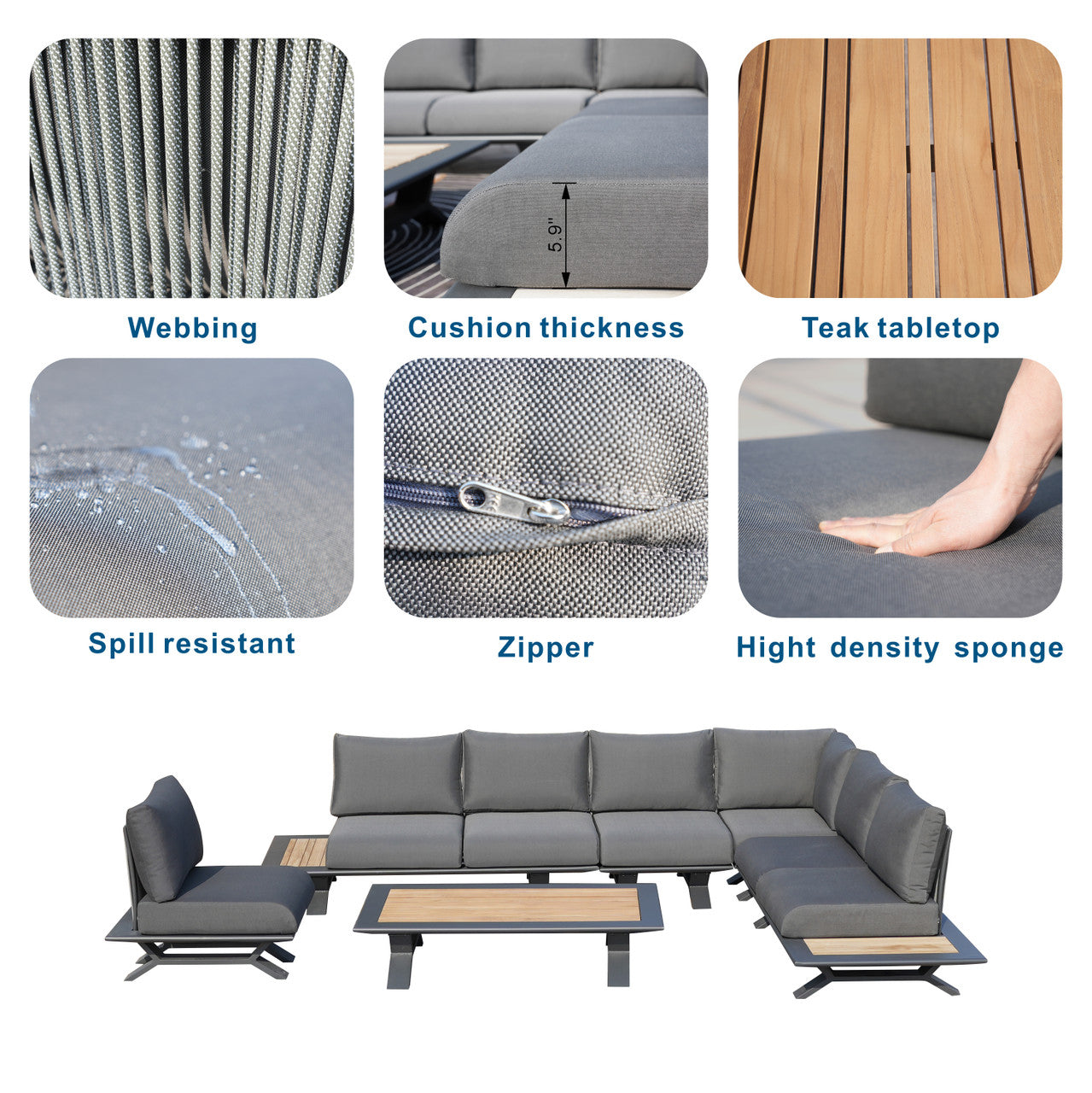 Direct Wicker Högkvalitativa Teak Handtag Aluminium Dew Pipe Sofa Set