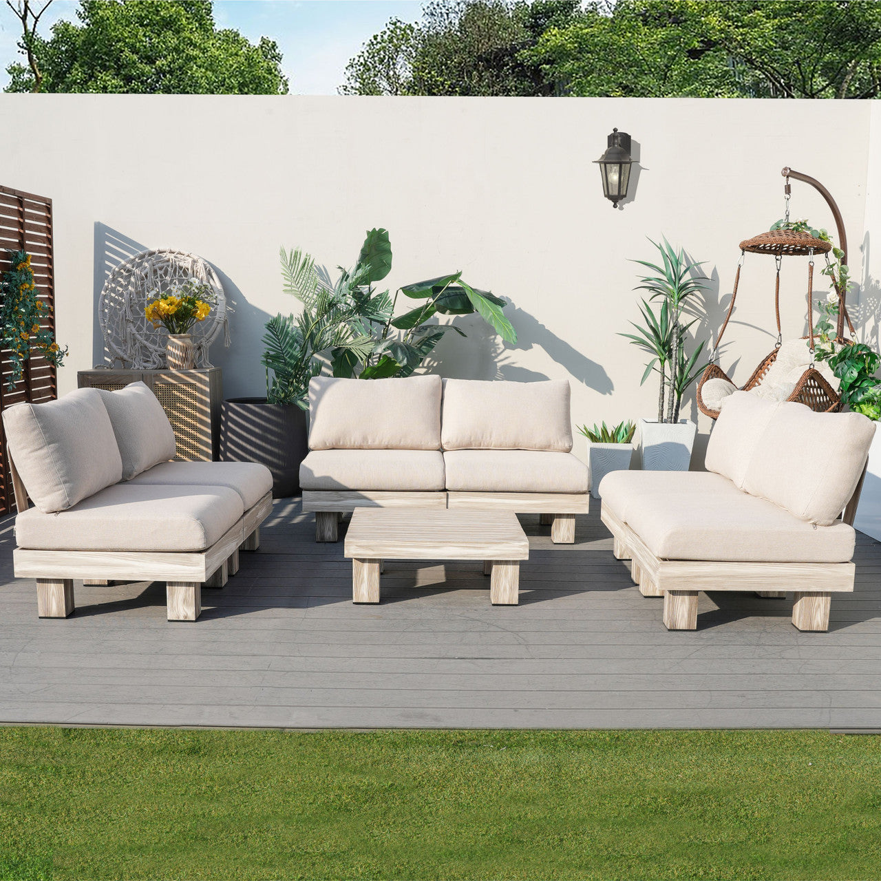 Direkt Wicker Minimalist Armlös Modulsoffa och Kafébord Set