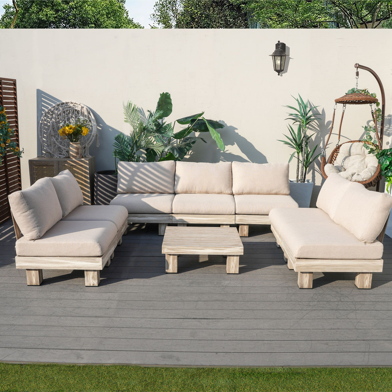 Direkt Wicker Minimalist Armlös Modulsoffa och Kafébord Set