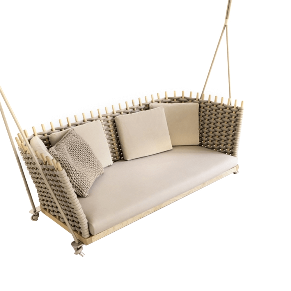 Vävd Rattan Veranda Hängande Soffa Med Glänsande Khaki Kudde