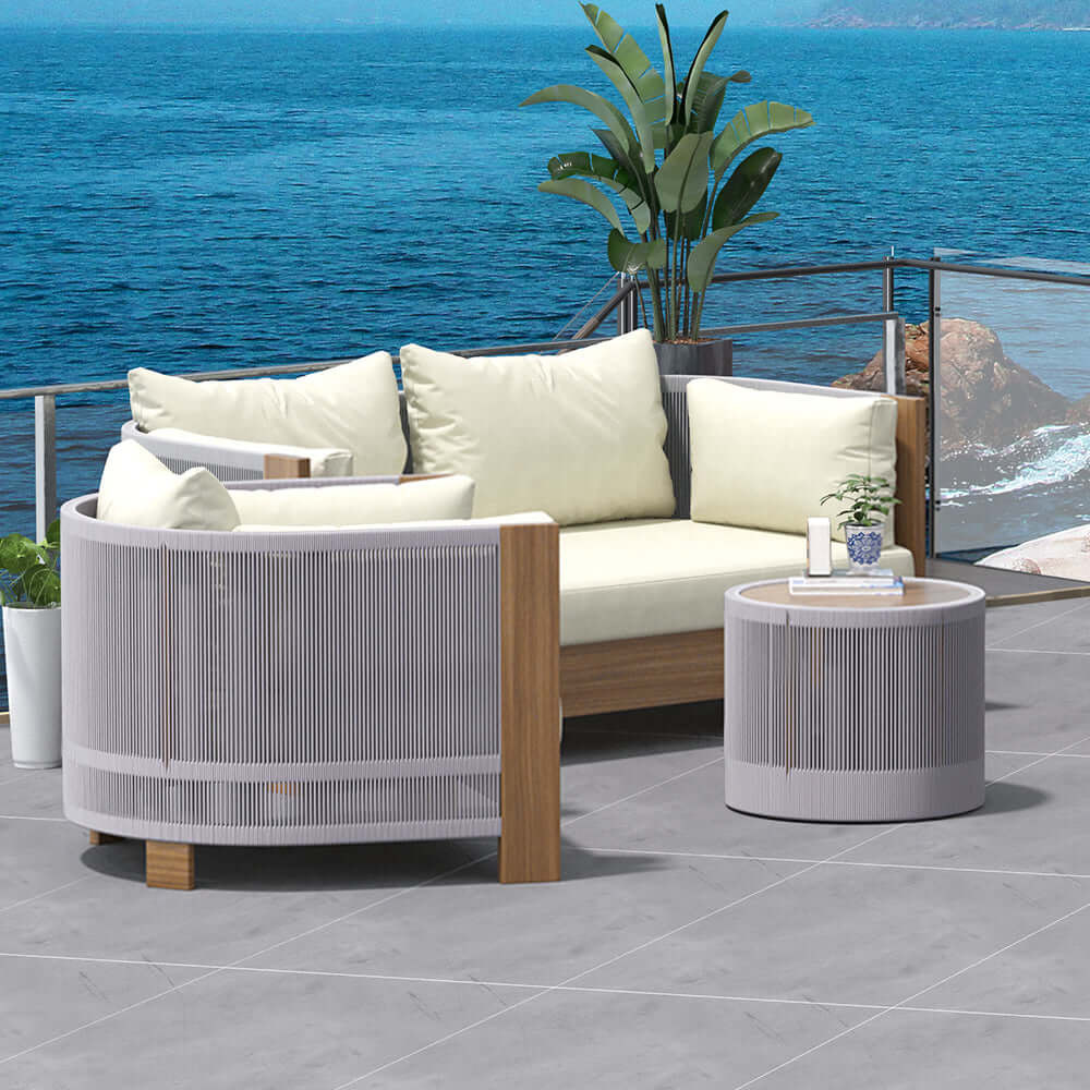 Utomhus Loungegrupp Med Runt Soffbord I Teak Och Repstol