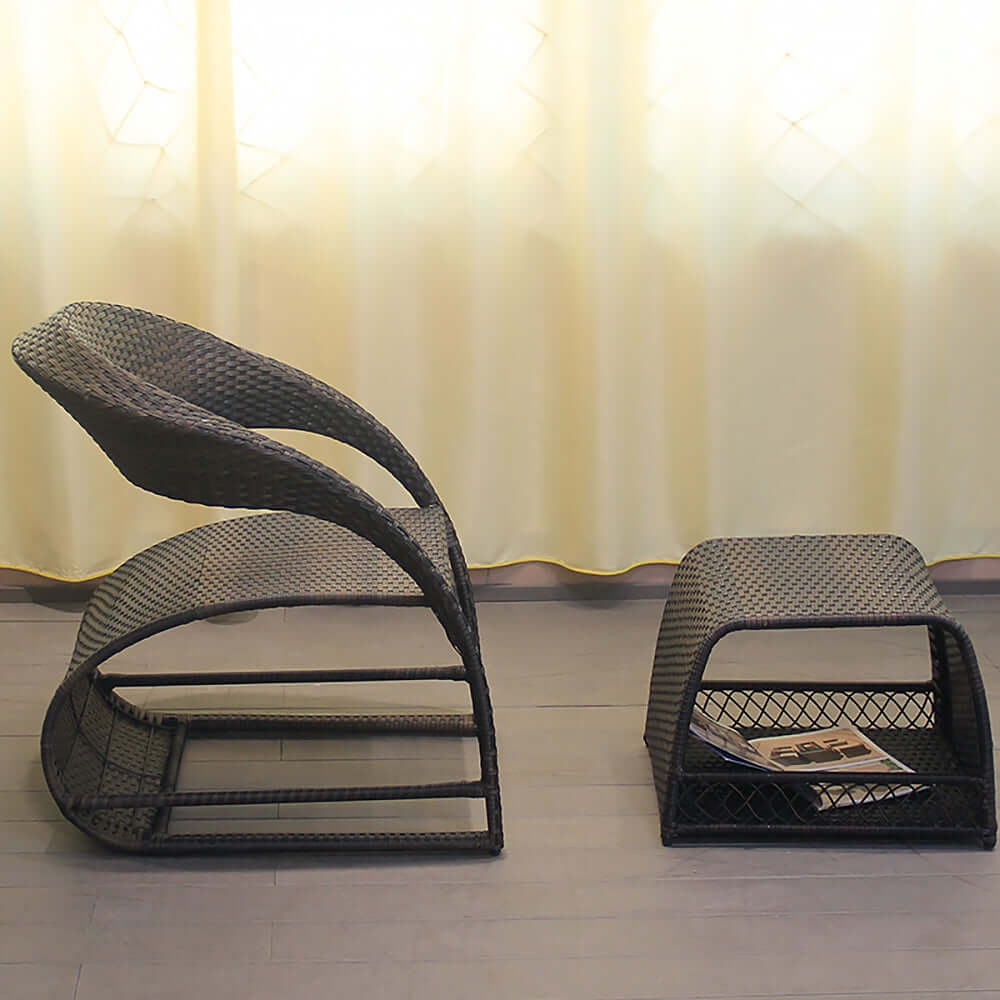 Utomhus PE Rattan Recliner Stolar med Ottomans och Förvaring 2Del Set i Kaffe