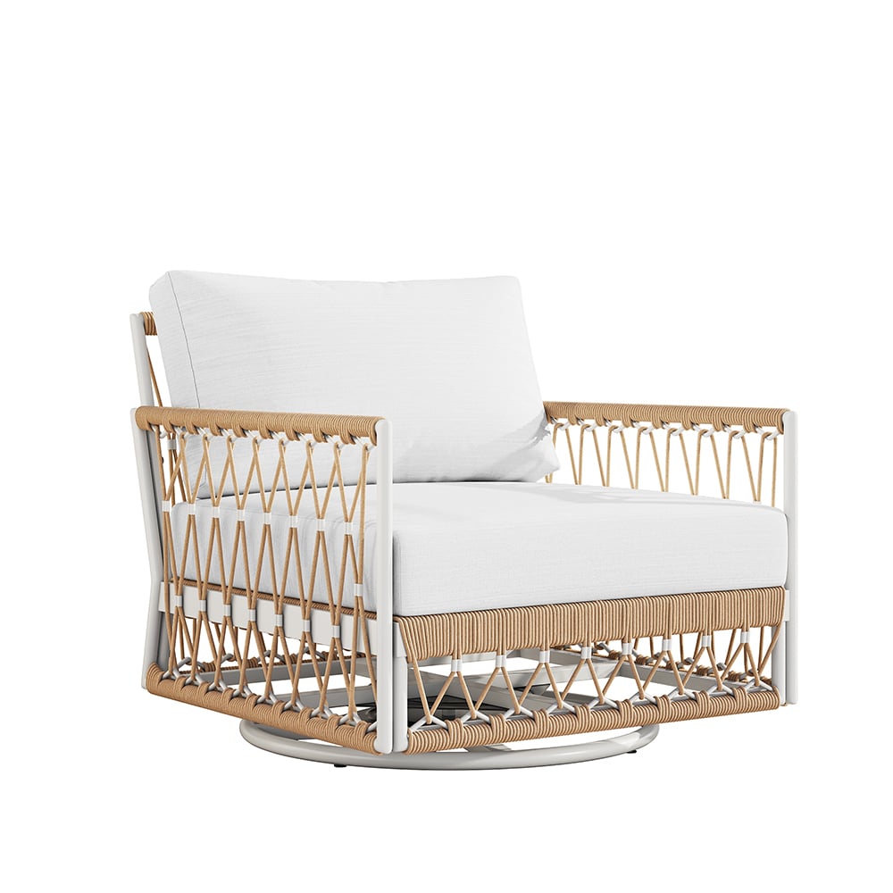 Elegant 3 Pieces Aluminum och vävrep utesoffa med svängbar stol och sidobord i khaki för avkoppling.
