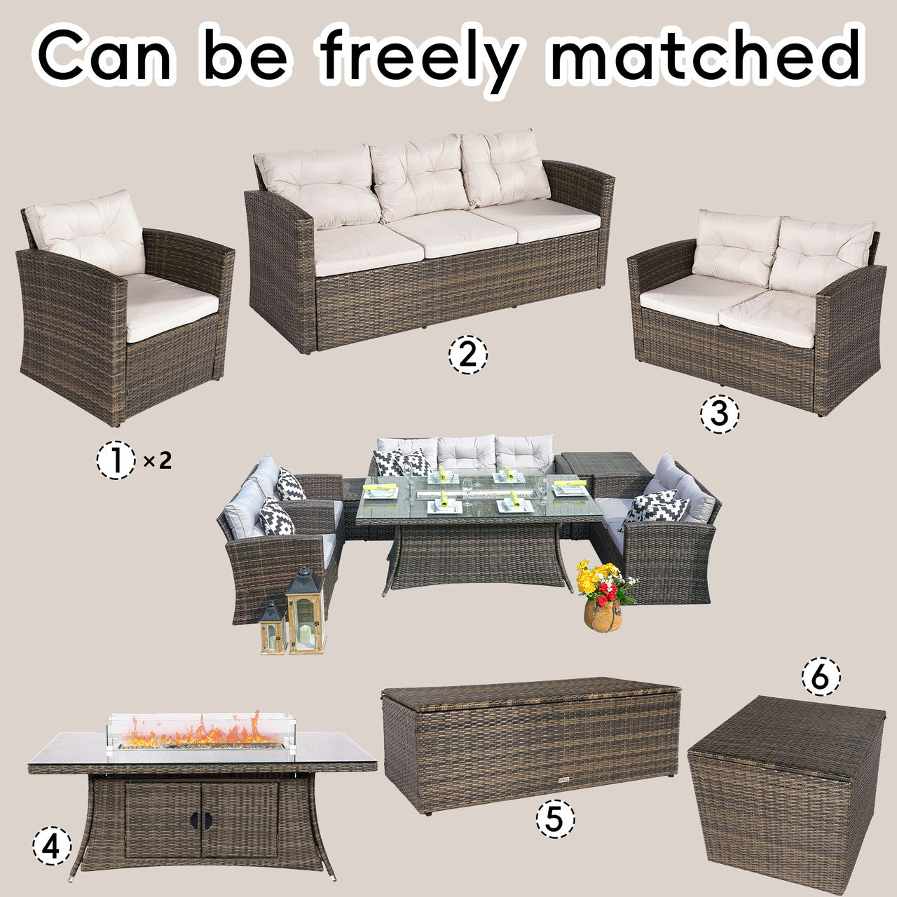 Savannah Sunset 6-Piece Ute Rattan Eldstad Set Med Soffor