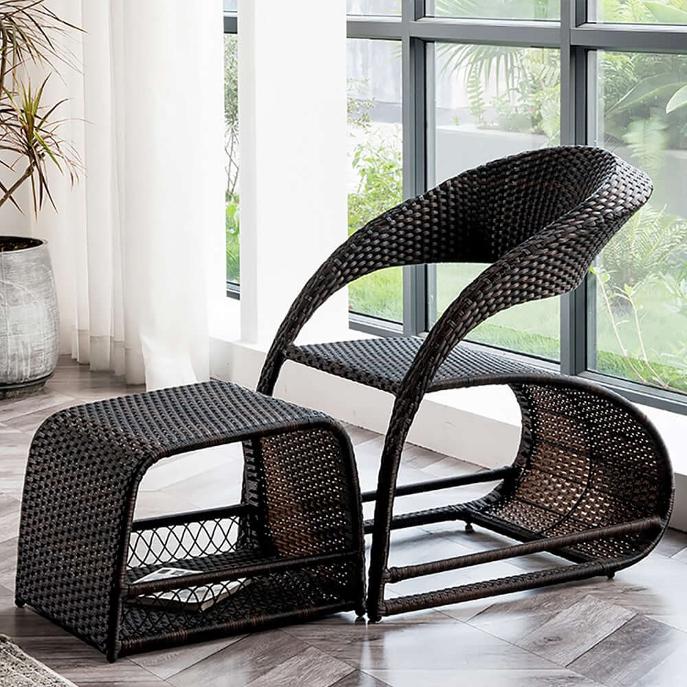 Utomhus PE Rattan Recliner Stolar med Ottomans och Förvaring 2Del Set i Kaffe