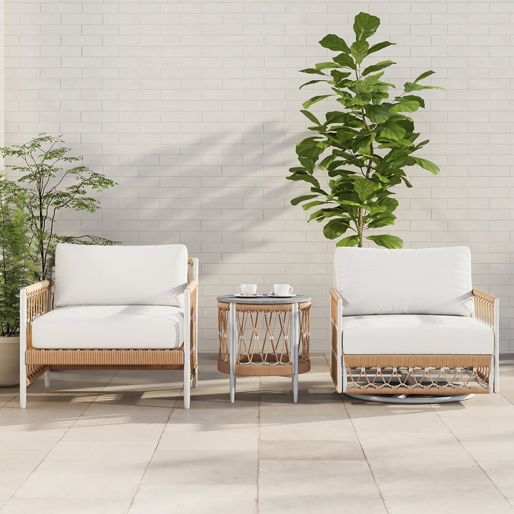 3 Pieces Aluminum sittgrupp med svängbara soffor och sidobord i khaki, perfekt för utomhusbruk.