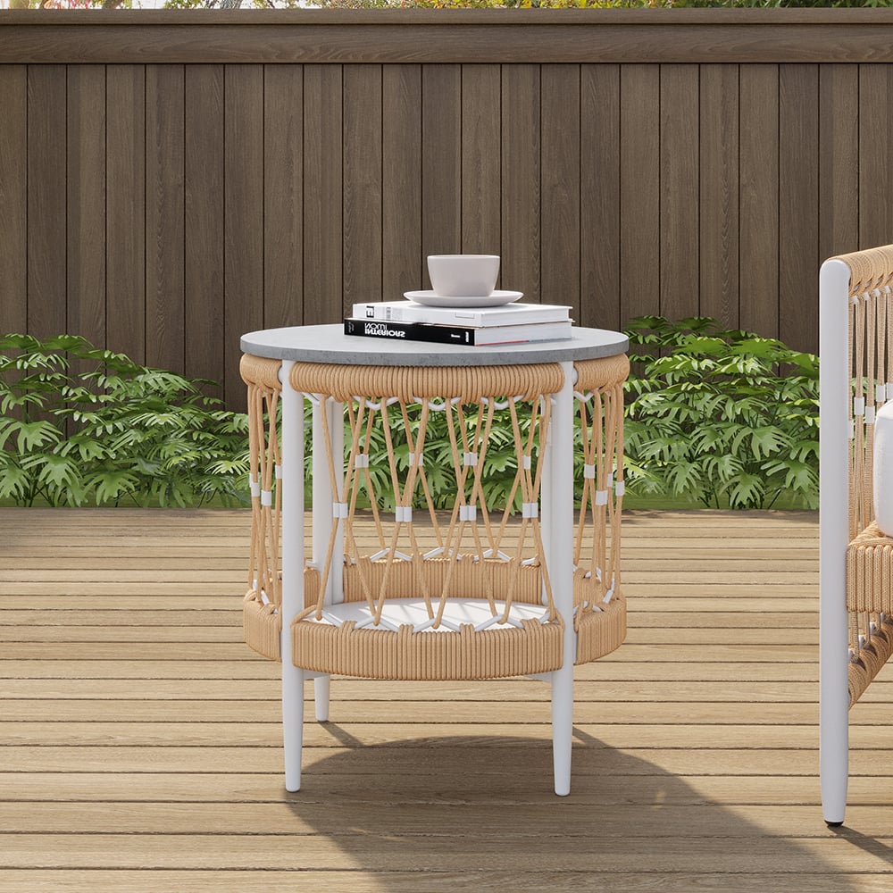 Elegant 3 Pieces Aluminum utemöbelset med svängbar soffa och sidobord i khaki, perfekt för avkoppling utomhus.