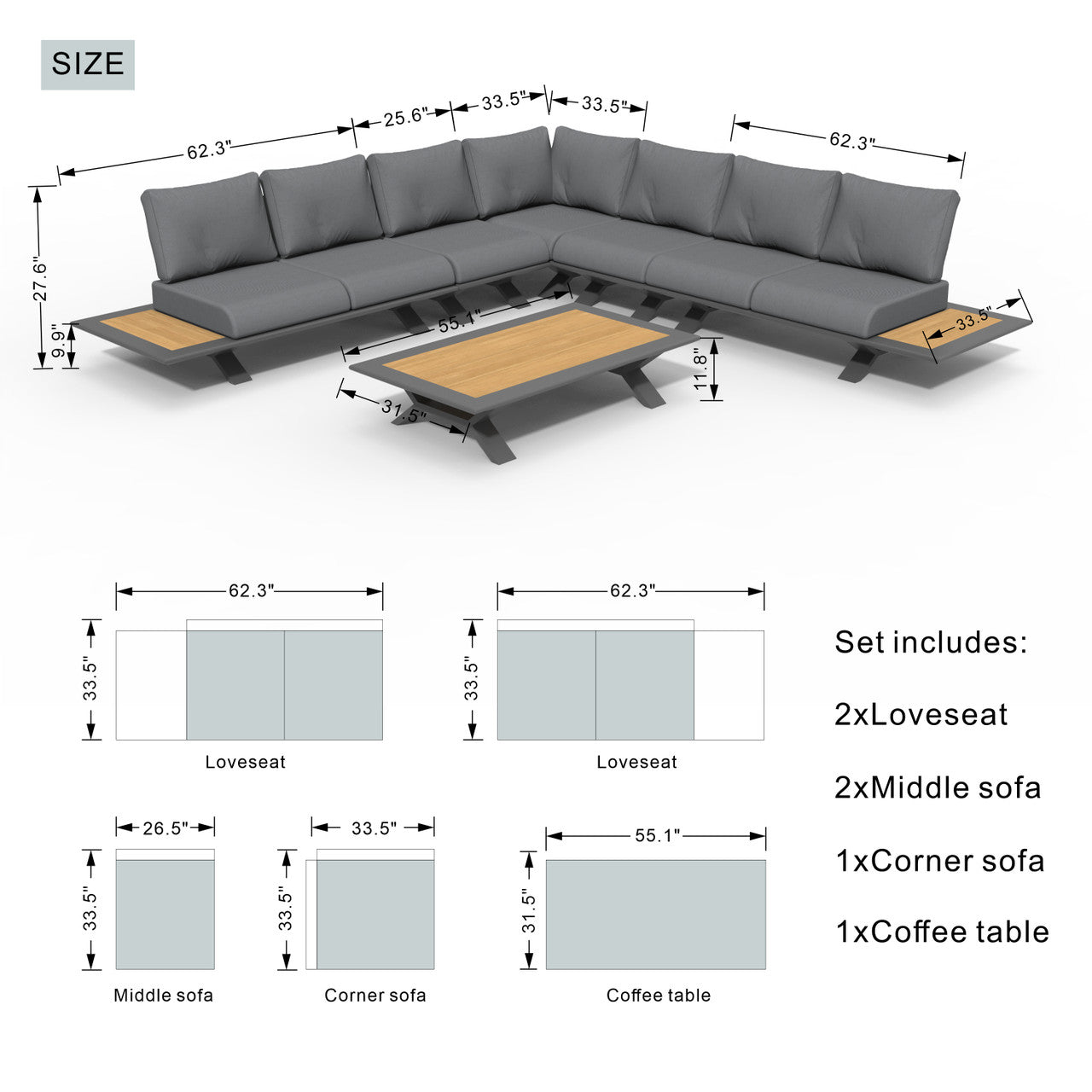 Direct Wicker Högkvalitativa Teak Handtag Aluminium Dew Pipe Sofa Set