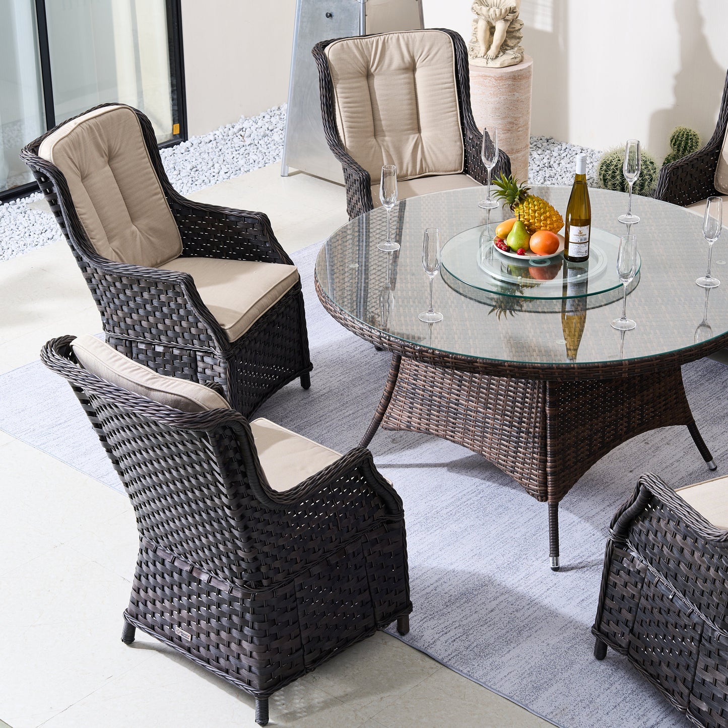 6-Persons Rattan Matgrupp Med Lazy Susan – Brun/Grå Utomhus