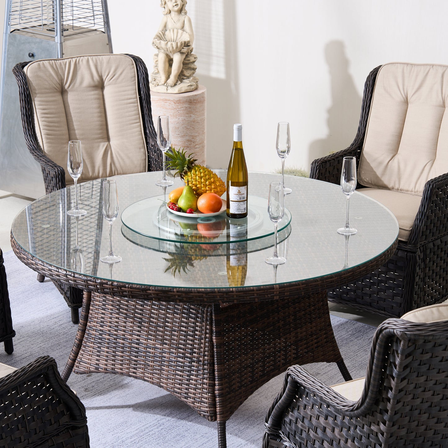 6-Persons Rattan Matgrupp Med Lazy Susan – Brun/Grå Utomhus