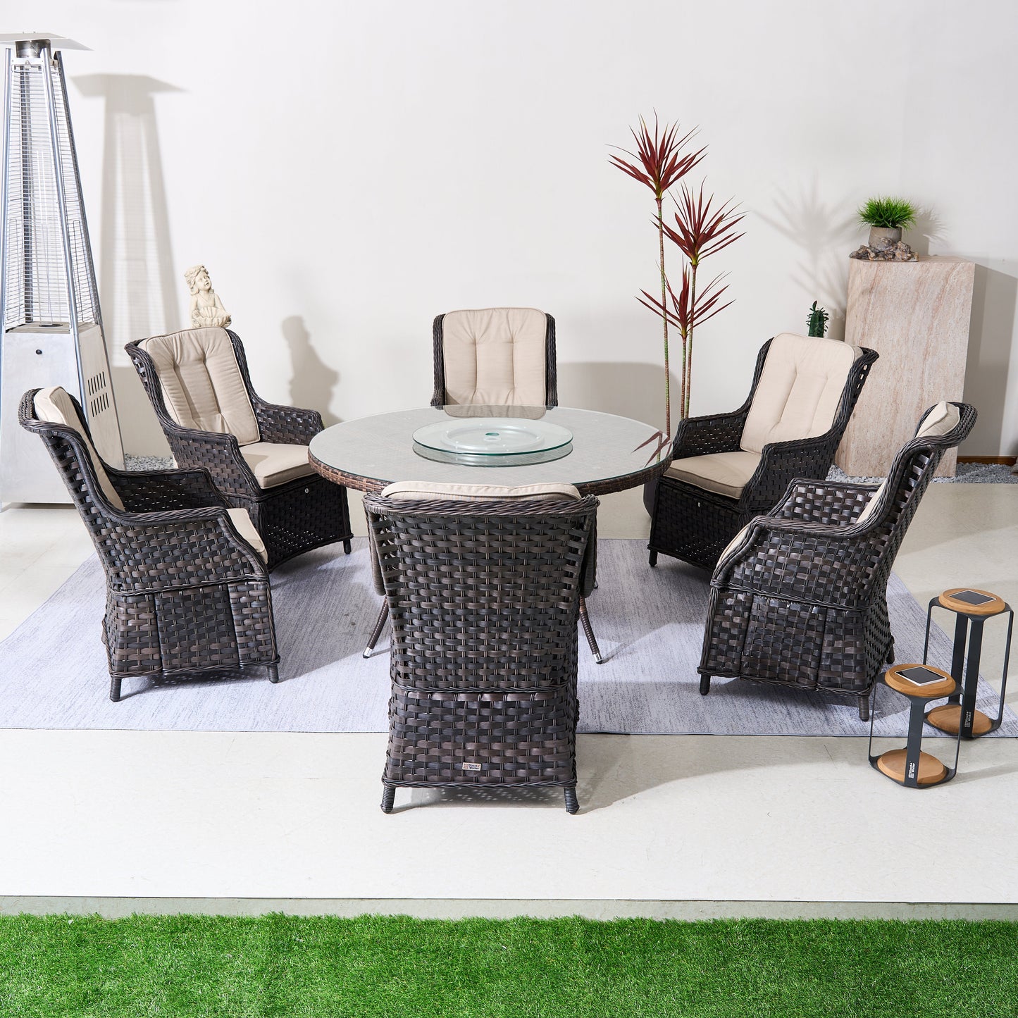 6-Persons Rattan Matgrupp Med Lazy Susan – Brun/Grå Utomhus
