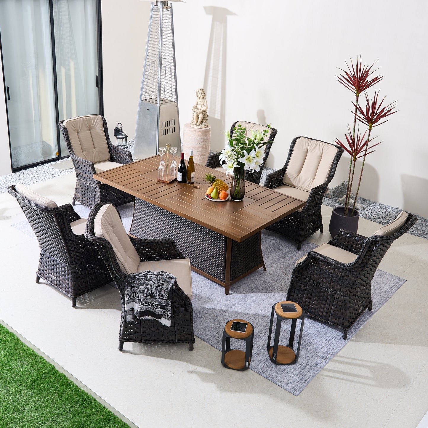 Direct Wicker 7-Piece Aluminum PE Rattan Fire Pit Dining Set
