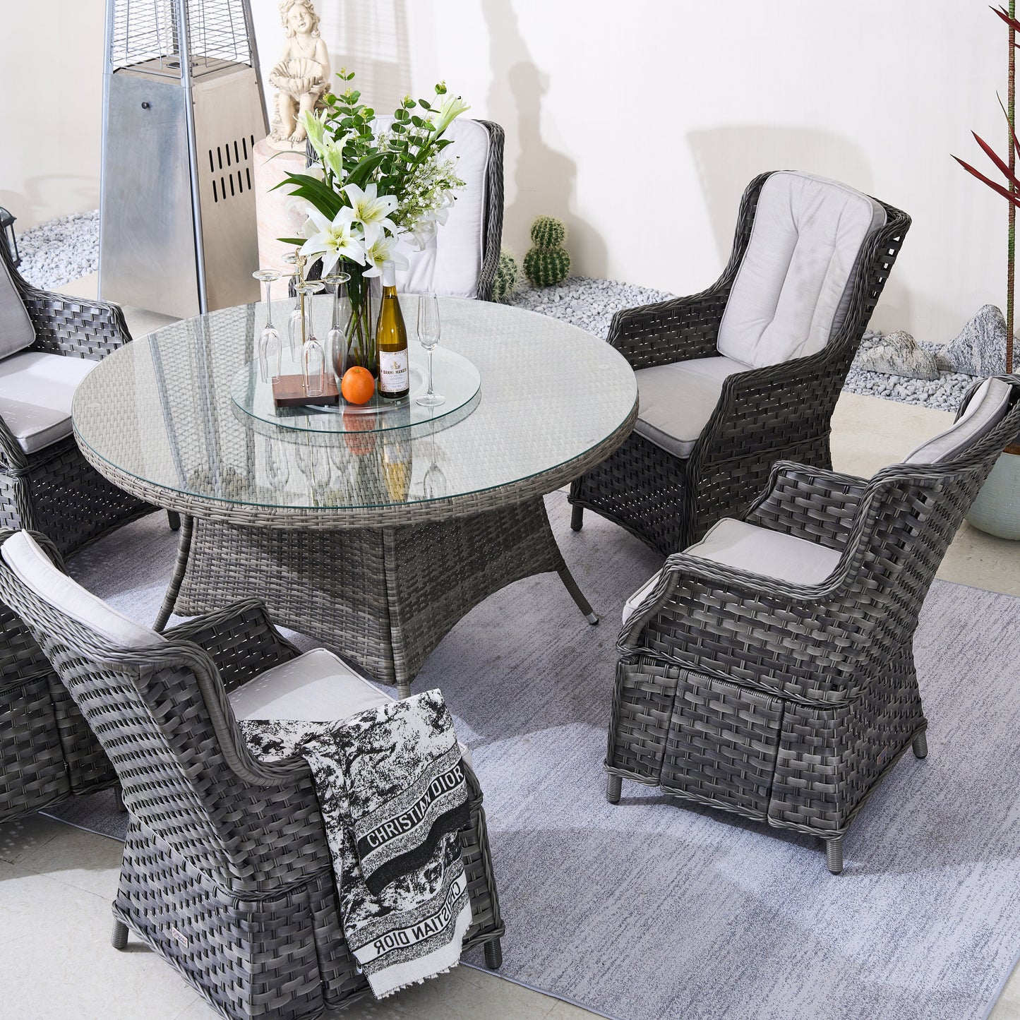 6-Persons Rattan Matgrupp Med Lazy Susan – Brun/Grå Utomhus