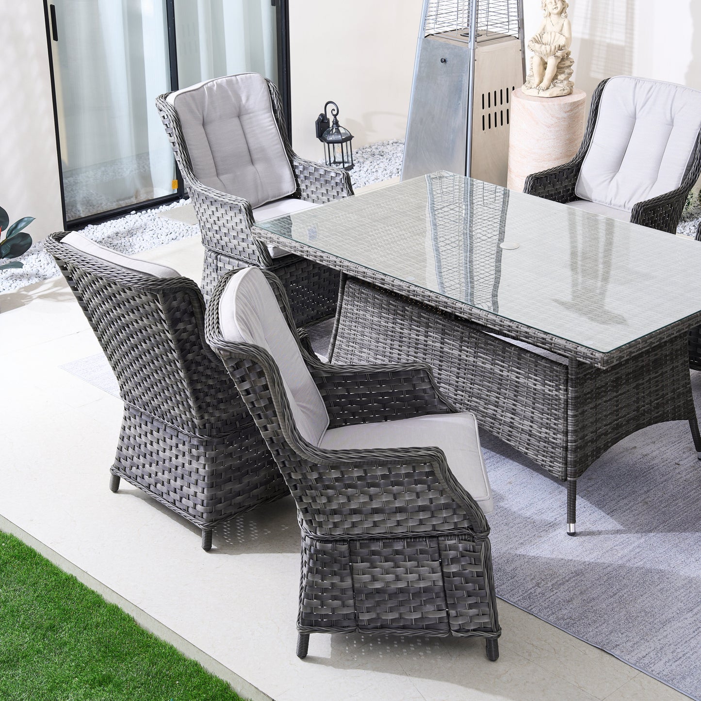 6-Person Rattan Matgrupp Med Rektangulärt Bord – Brun/Grå