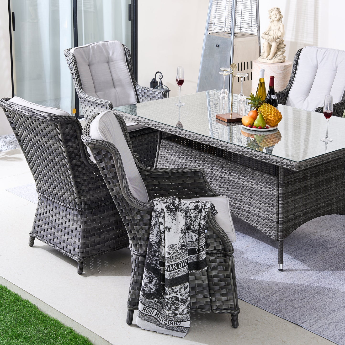6-Person Rattan Matgrupp Med Rektangulärt Bord – Brun/Grå