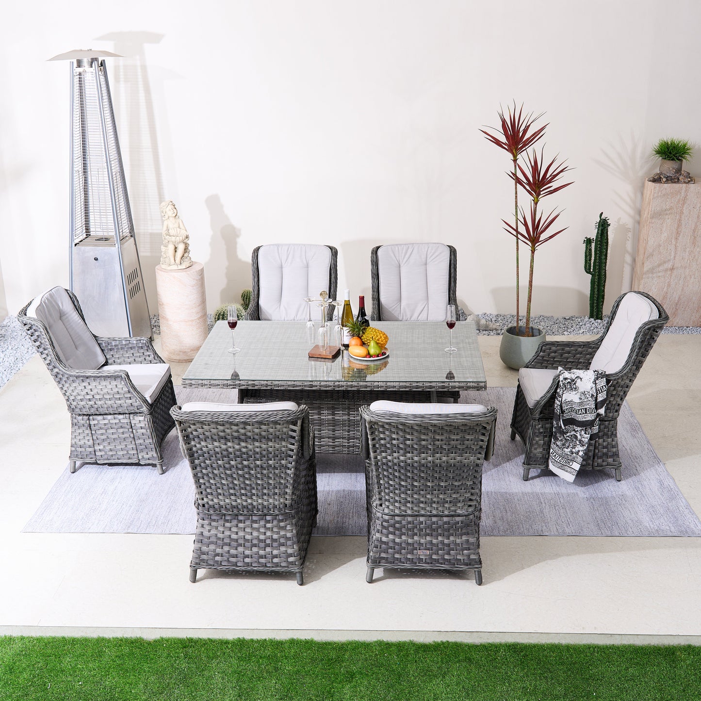 6-Person Rattan Matgrupp Med Rektangulärt Bord – Brun/Grå