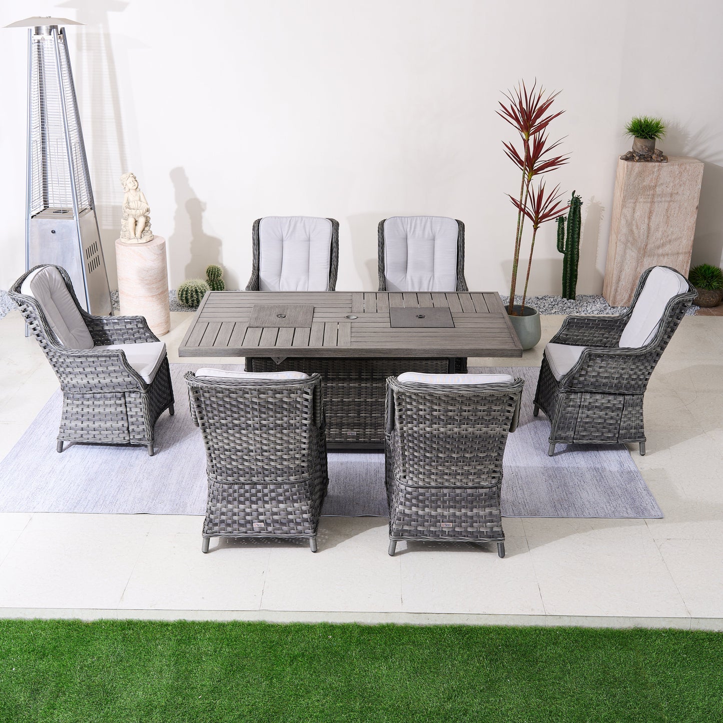 Direct Wicker 7-Piece Aluminum PE Rattan Fire Pit Dining Set