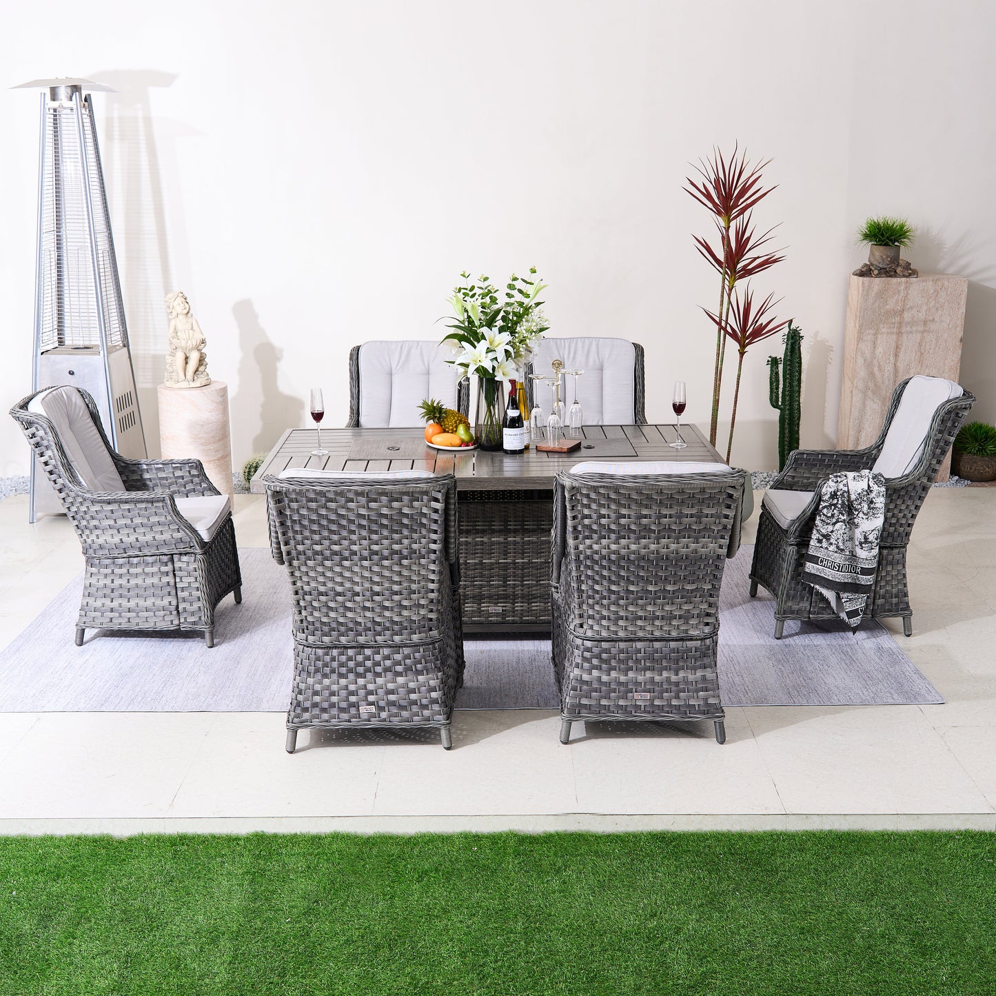 Direct Wicker 7-Piece Aluminum PE Rattan Fire Pit Dining Set
