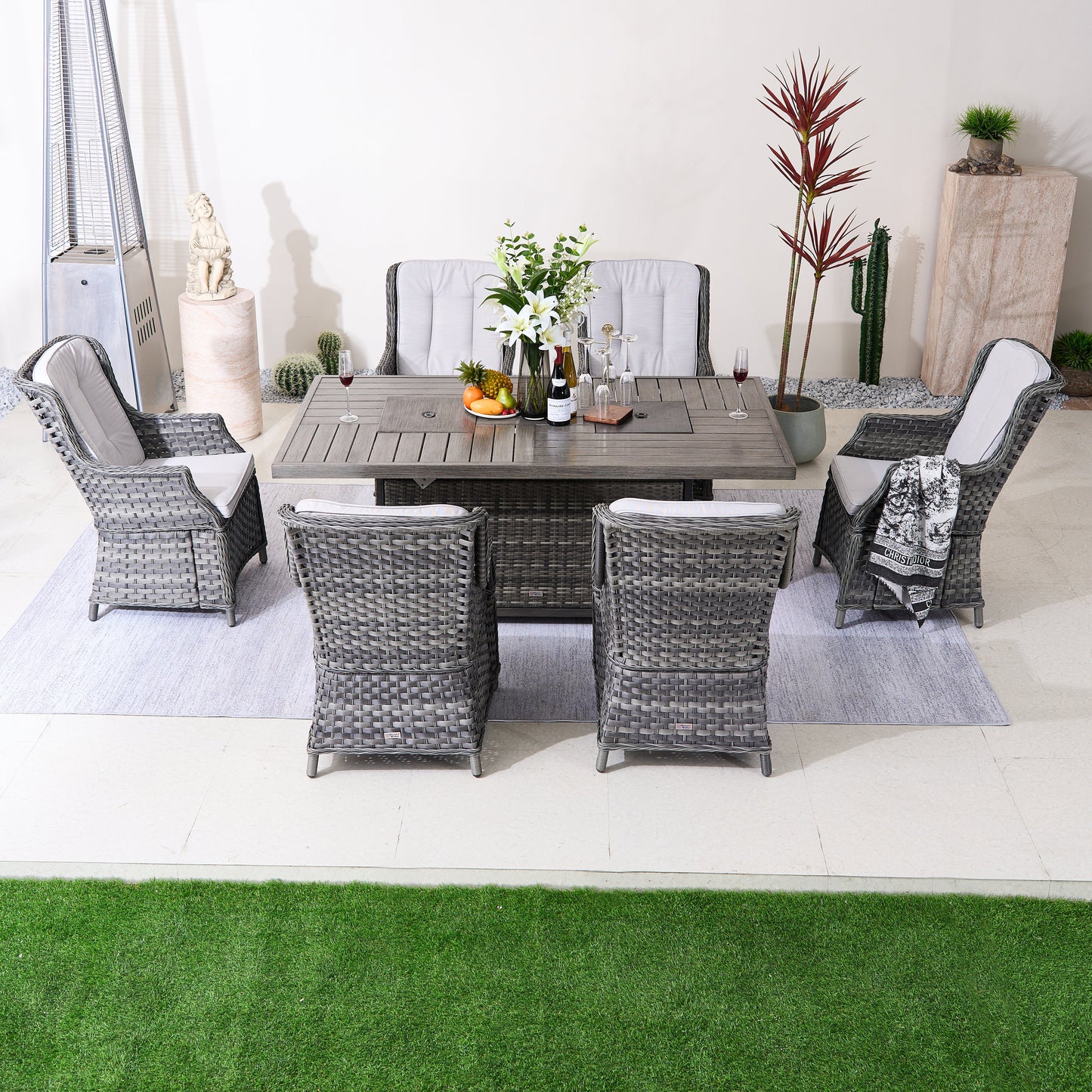 Direct Wicker 7-Piece Aluminum PE Rattan Fire Pit Dining Set