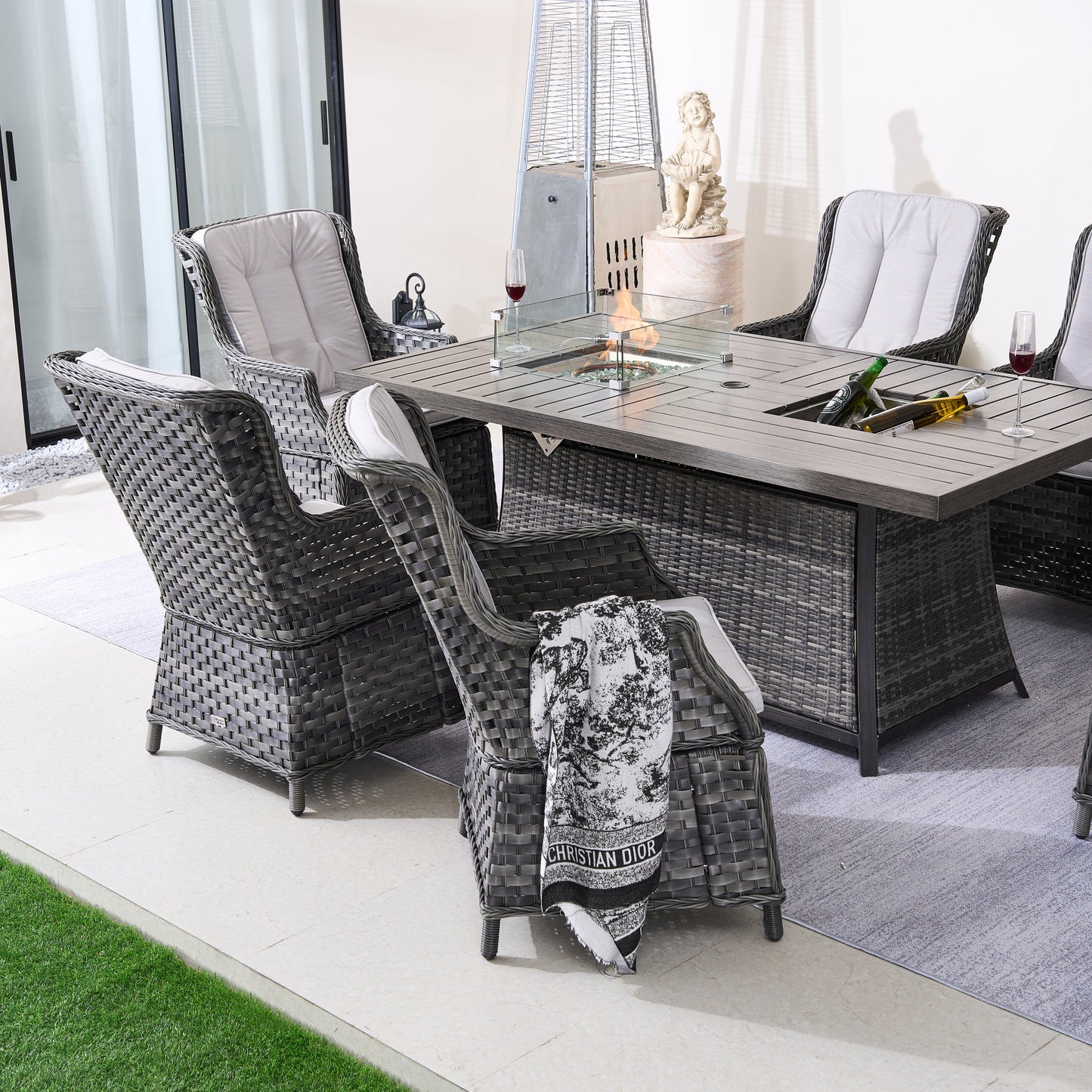 Direct Wicker 7-Piece Aluminum PE Rattan Fire Pit Dining Set