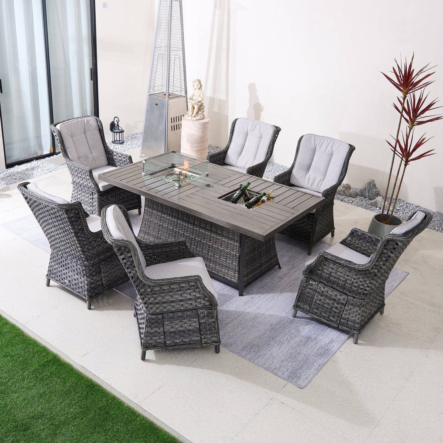 Direct Wicker 7-Piece Aluminum PE Rattan Fire Pit Dining Set