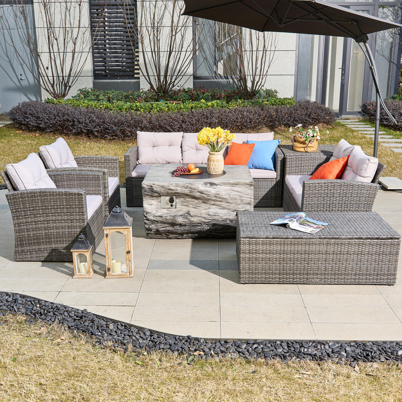 Direct Wicker 7-Piece Outdoor Fire Pit Sofa Set with Handwoven Rattan