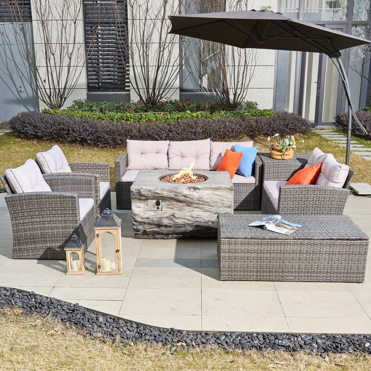 Direct Wicker 7-Piece Outdoor Fire Pit Sofa Set with Handwoven Rattan