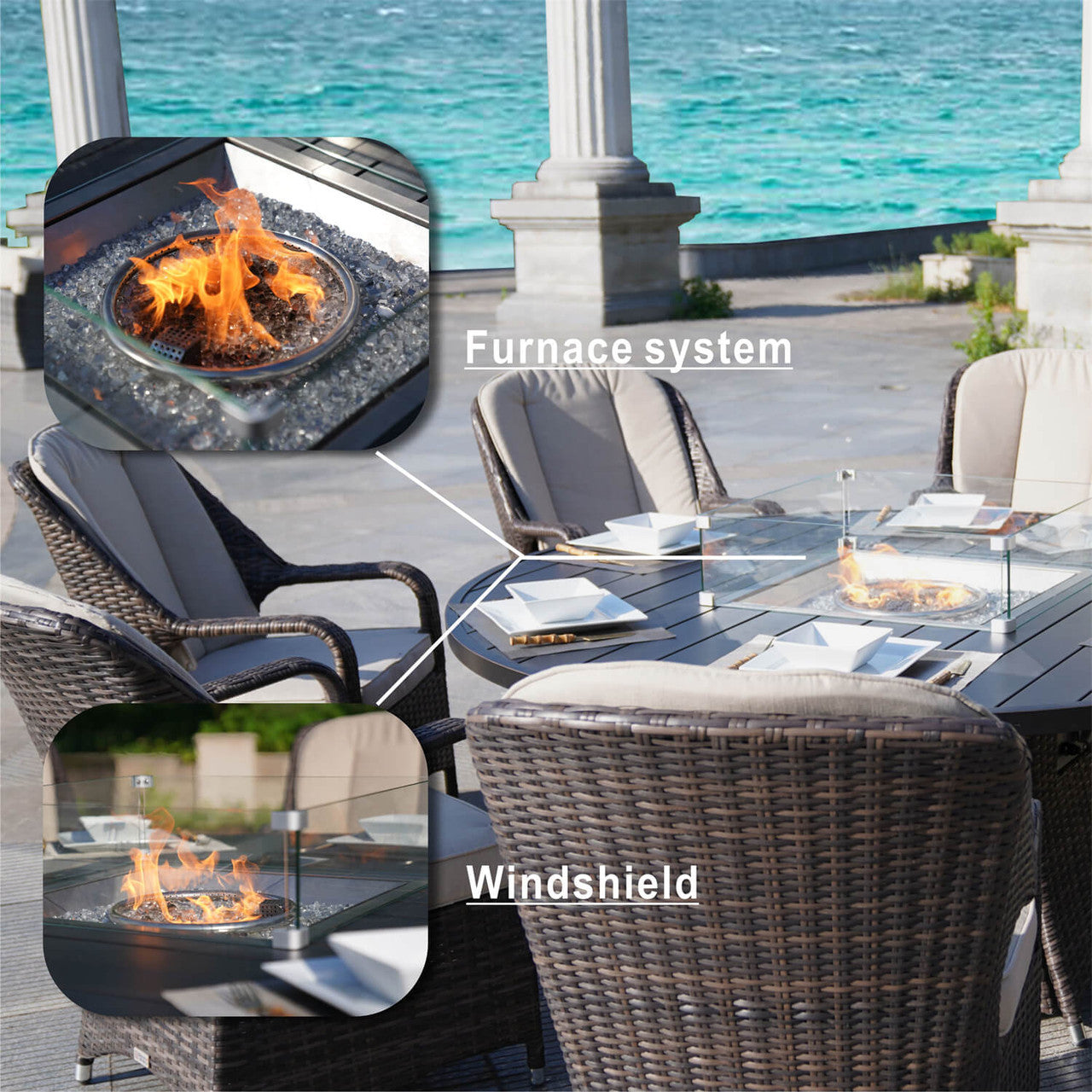 Direct Wicker 8 Seats Round Fire Pit Table with Aluminum Top | Direct Wicker