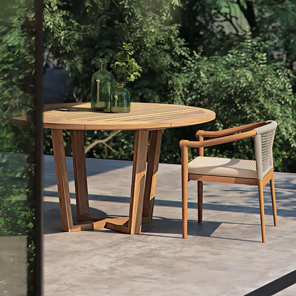 7 Delars Teak Utomhusmatset Runt Matbord Med 6 Stolar Naturlig