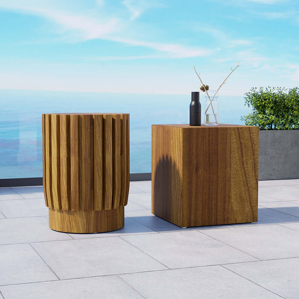2 Delar Modern Rund & Rektangulär Teakträ Utomhus Kaffebord Set i Naturlig