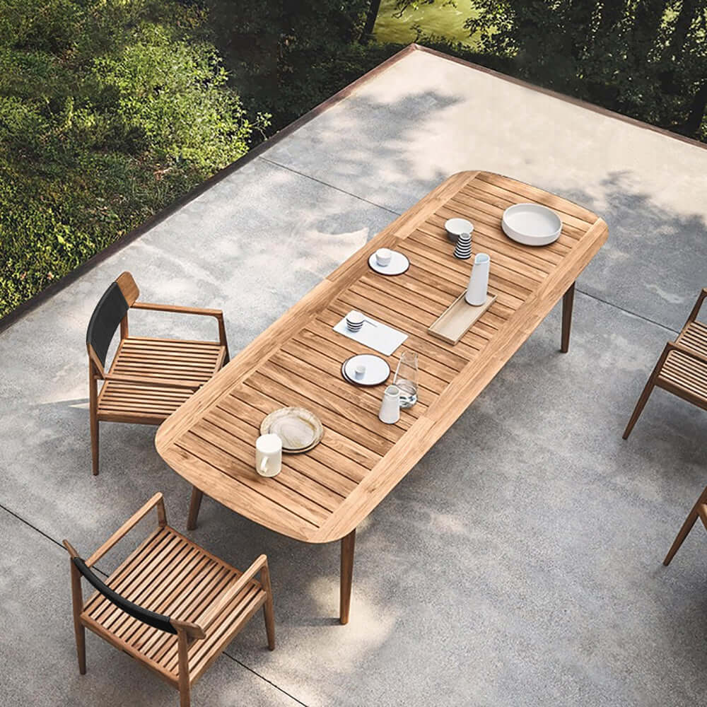 7 Delars Modern Utomhus Matgrupp med Teakträ Bord och Stolar