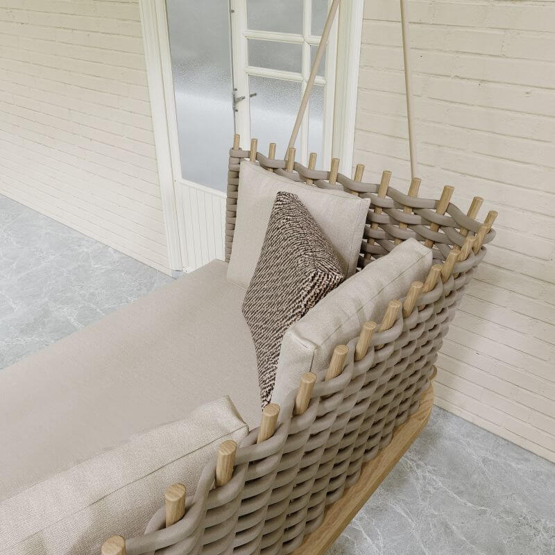 Vävd Rattan Veranda Hängande Soffa Med Glänsande Khaki Kudde