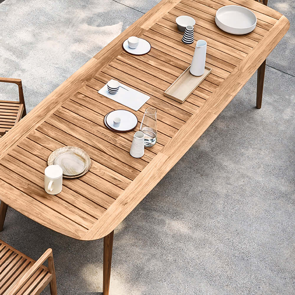 7 Delars Modern Utomhus Matgrupp med Teakträ Bord och Stolar