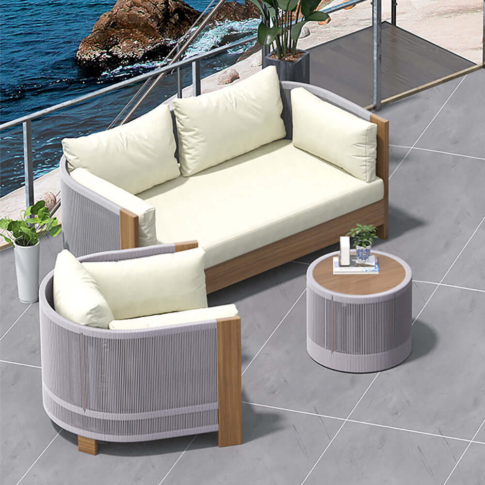Utomhus Loungegrupp Med Runt Soffbord I Teak Och Repstol