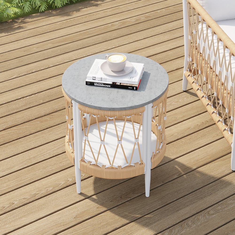 Elegant 3 Pieces Aluminum och vävda rep utomhussoffor med sidobord, perfekt för avkoppling på terassen.