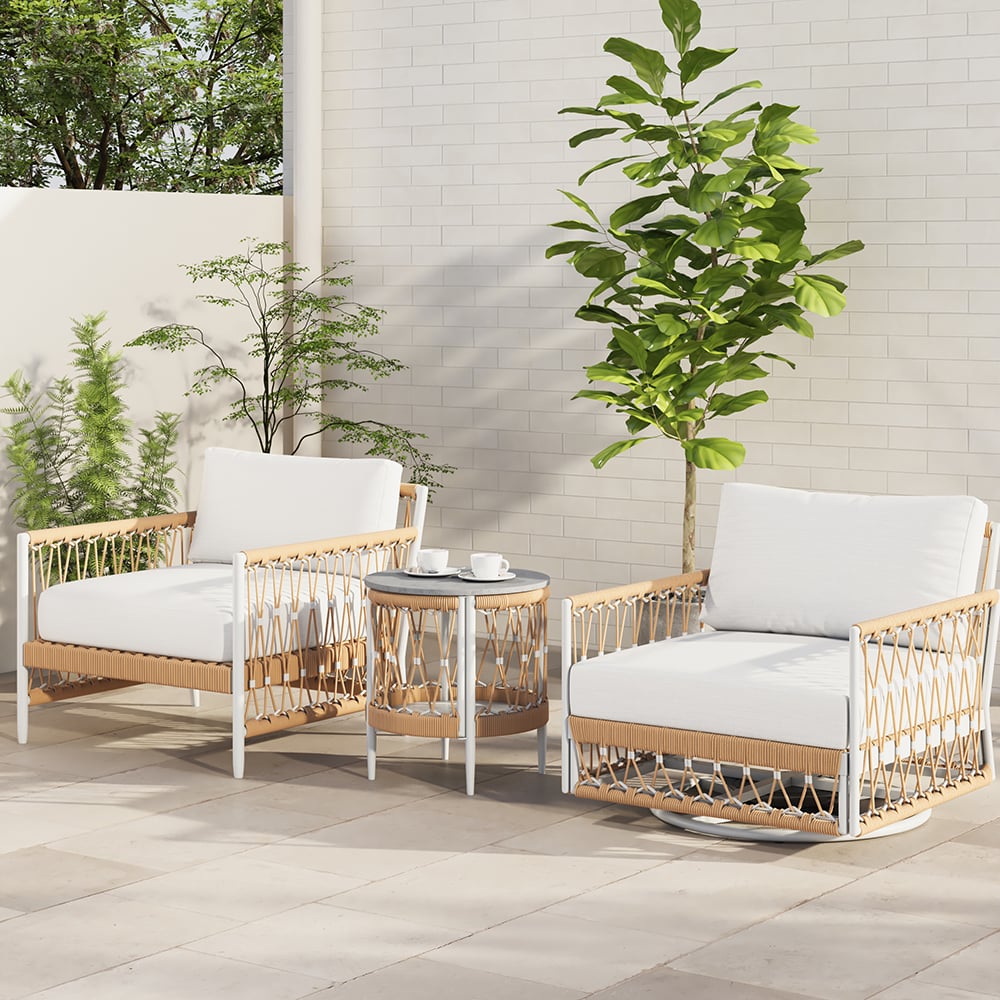 3 Pieces Aluminum och vävd rep-sofagrupp med sidobord i khaki, perfekt för utomhusbruk i trädgården.