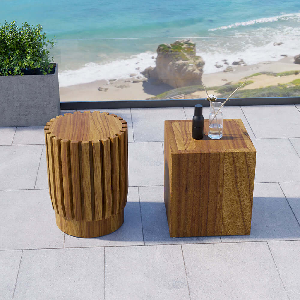2 Delar Modern Rund & Rektangulär Teakträ Utomhus Kaffebord Set i Naturlig