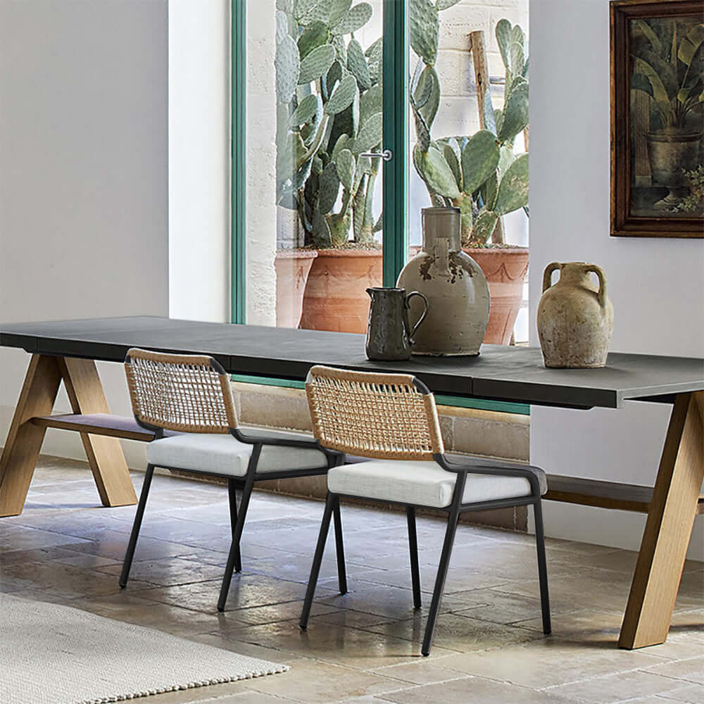 2 Delar Modern Aluminium & Rattan Ute Matstol Set Vit & Khaki