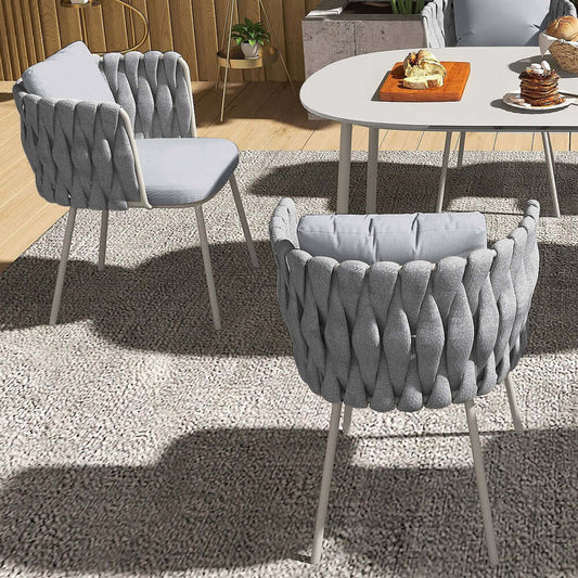 Modern Aluminium & Rattan Ute Matstol Armstol Grå Set om 2