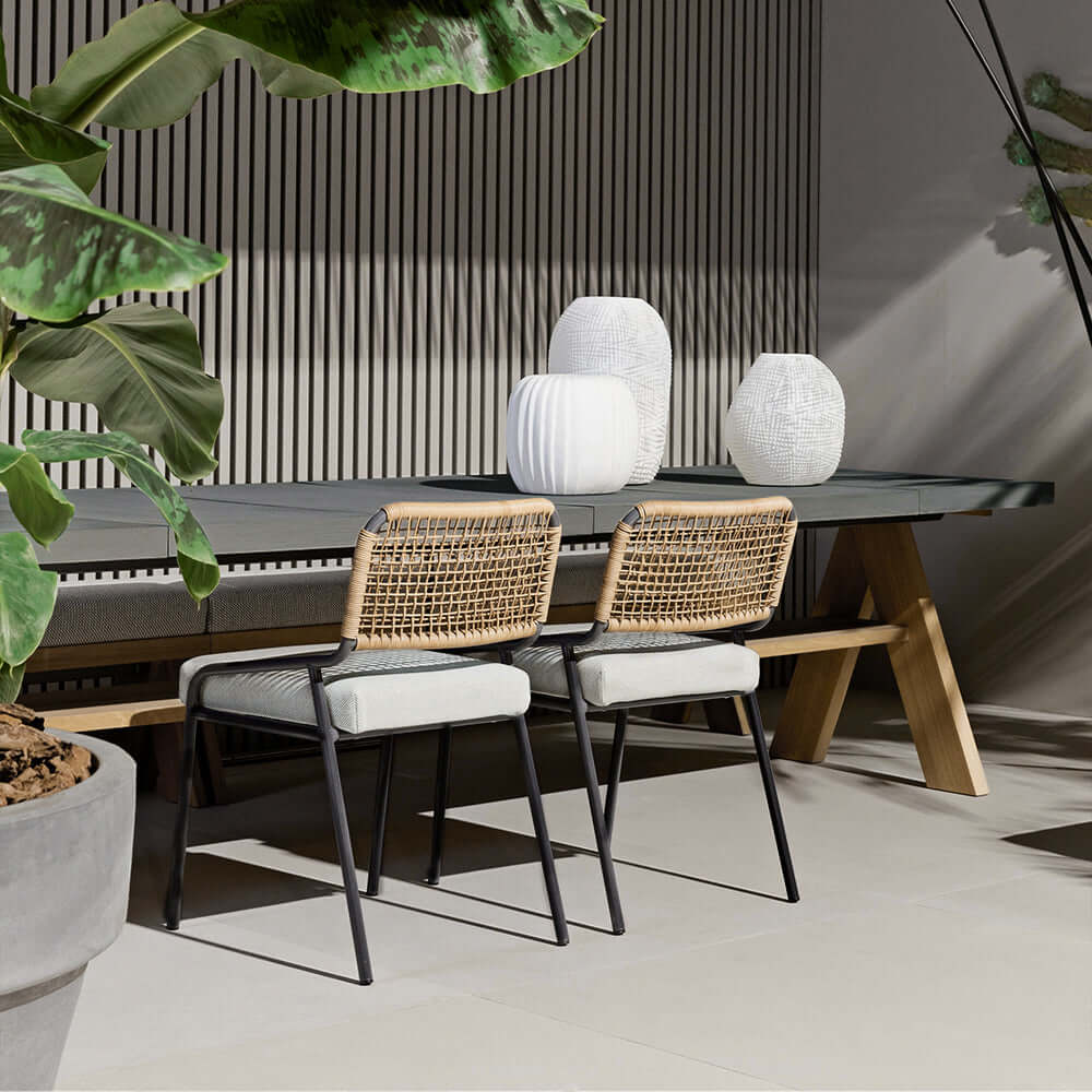 2 Delar Modern Aluminium & Rattan Ute Matstol Set Vit & Khaki