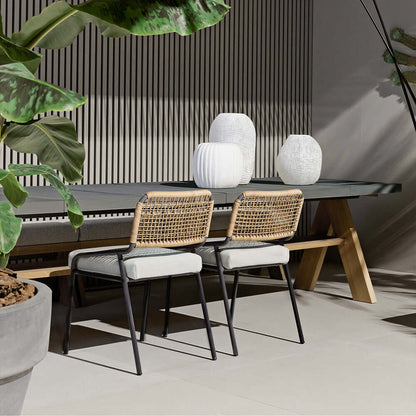 2 Delar Modern Aluminium & Rattan Ute Matstol Set Vit & Khaki