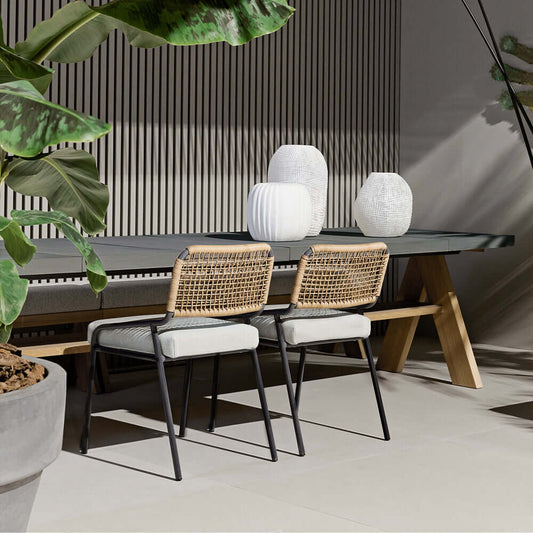 2 Delar Modern Aluminium & Rattan Ute Matstol Set Vit & Khaki