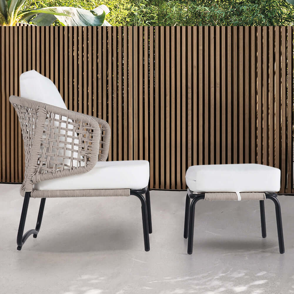 Modernt aluminium & rep utomhus stolset med ottoman i vitt och svart