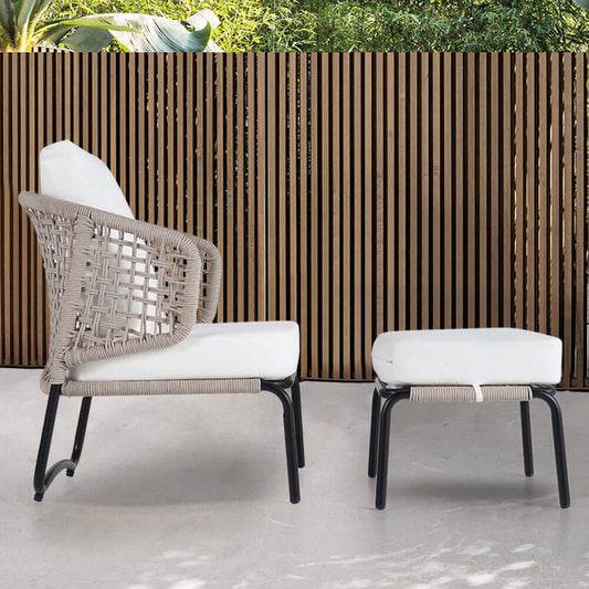 Modernt aluminium & rep utomhus stolset med ottoman i vitt och svart