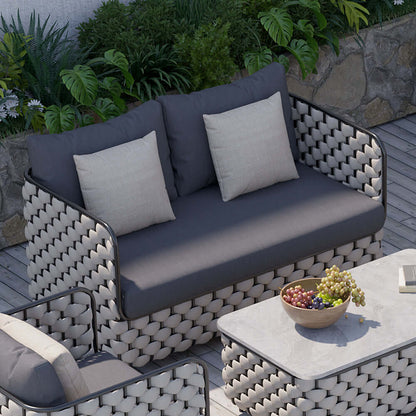 Bred Modern Aluminium & Rep Utomhus Loveseat Uteplats Soffa Med Kuddar I Svart